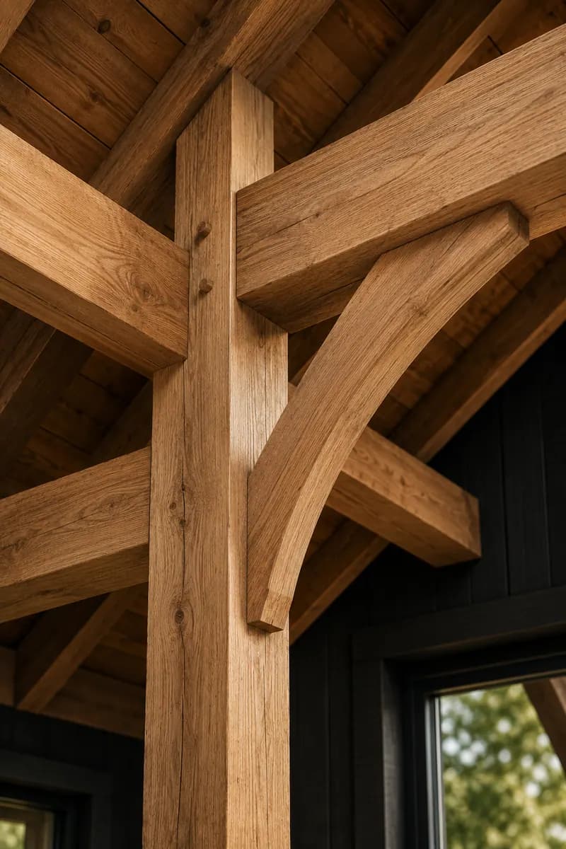 Detailfoto van een afgewerkte houten constructie.