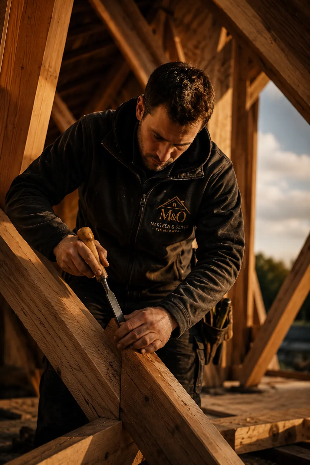 Sfeervolle hero-foto van een vakman aan het werk aan een houten kapconstructie, warm licht, premium uitstraling (verticaal/portret).