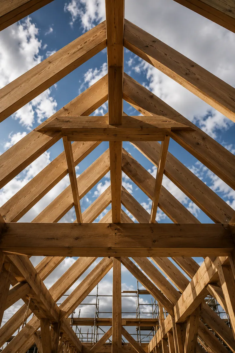Houten kapconstructie / dakgebint in aanbouw, van onderaf gefotografeerd.