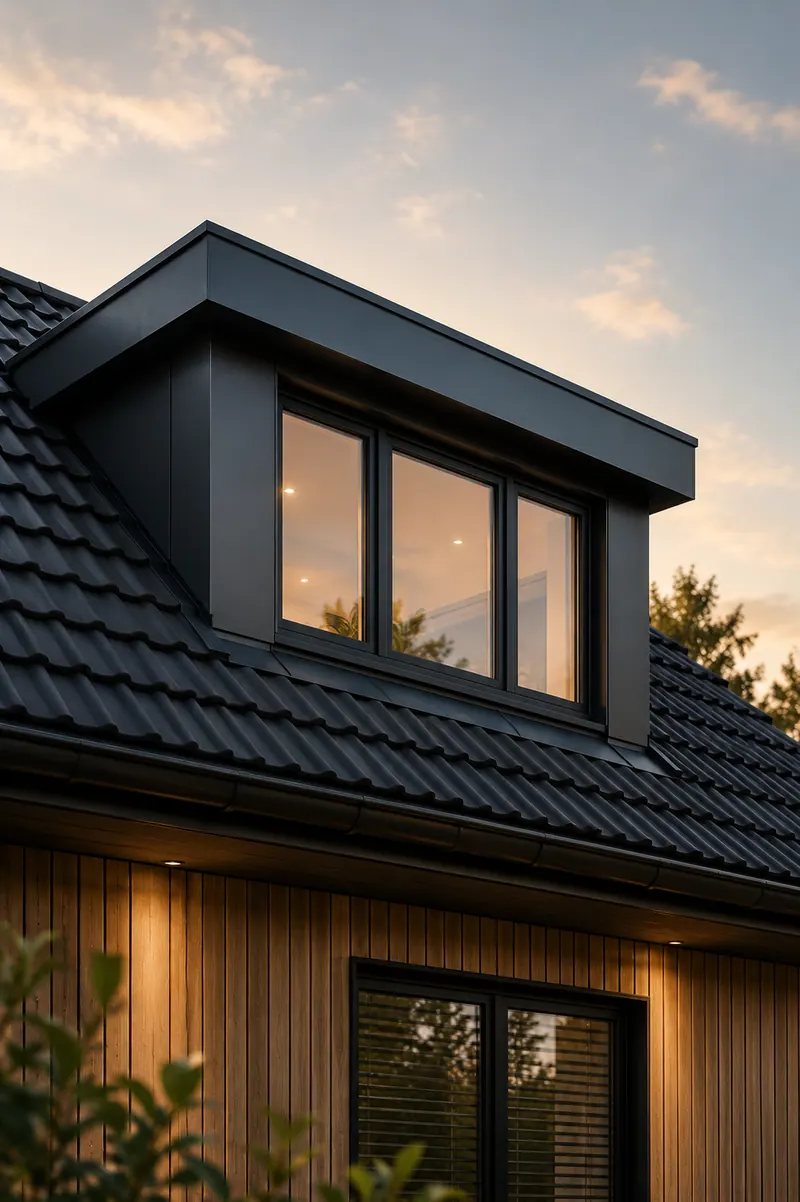 Moderne dakkapel op een woning, strakke afwerking, buitenaanzicht.